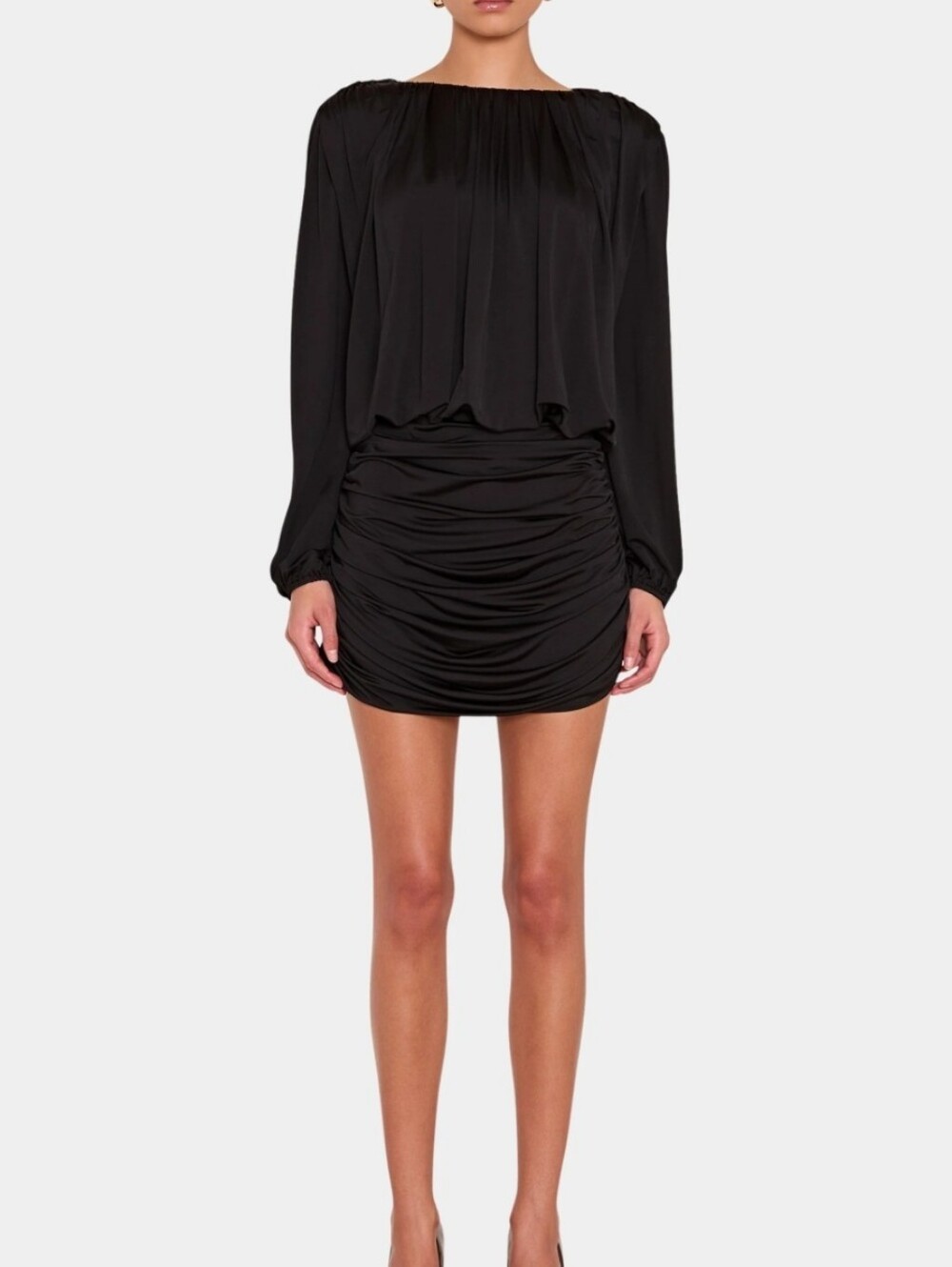 INTERMIX Black Long-Sleeve Ruching Detail Dress New With Tags